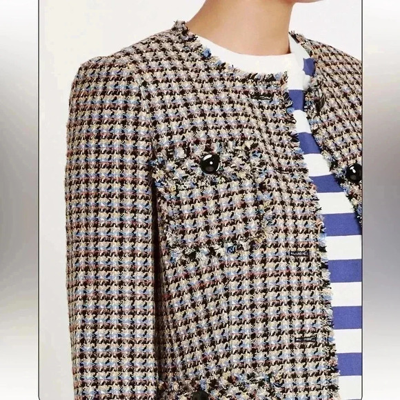 $525 REBECCA TAYLOR Houndstooth Tweed Four Pocket Robins Egg Black Jacket - Picture 4 of 10